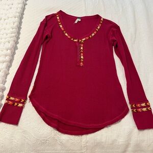 We the free Rainbow Red Long Sleeve Henley Top with Patterned Trim